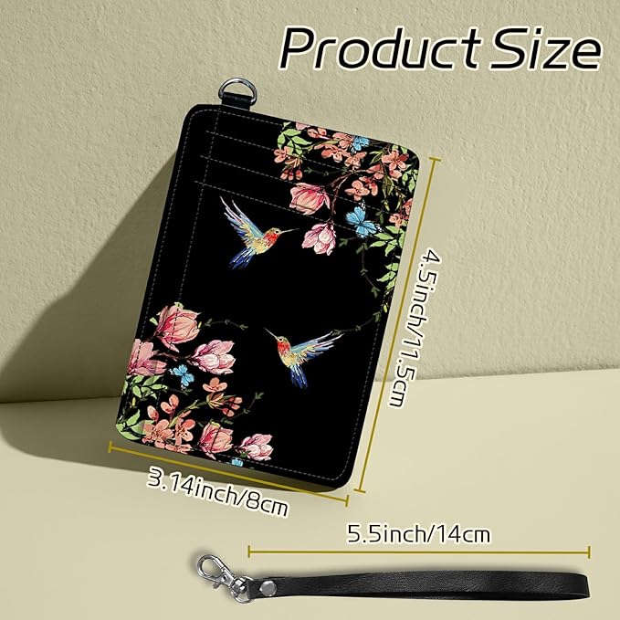 BWEGRHE Small Travel Wallets, Hummingbird Floral Sakura Slim Minimalist Front Pocket Wallet with Wristlet, RFID Blocking PU Leather Credit Card Holder with ID Window Change Purse for Men Women
