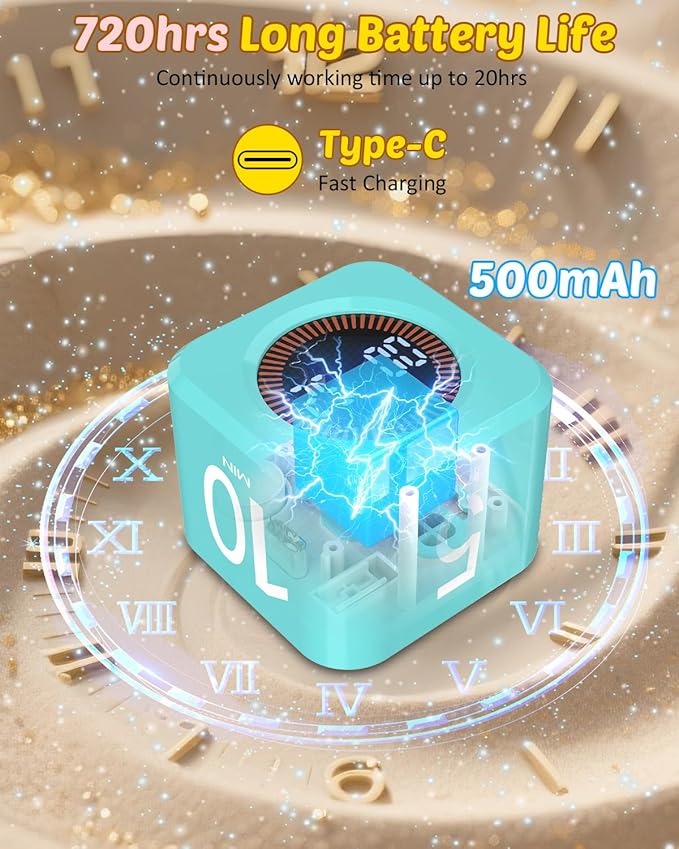 Digital Pomodoro Timer Cube 5/10/25/50min, Visual Productivity Flip Timer for Kids Classroom Desk, Custom Countdown, Silent and Sound Mode for ADHD Study Work Game Kitchen (Mint Green)