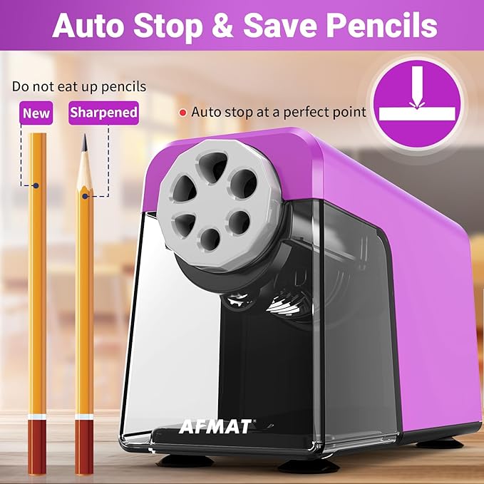 AFMAT 6-Hole Electric Pencil Sharpener, Cordless & Rechargeable, Colored Pencil Sharpener for 6-11mm Pencils, Auto Stop, Super Fast, 10,000+ Sharpenings, Battery Powered for Classroom/Home/Office PSD1