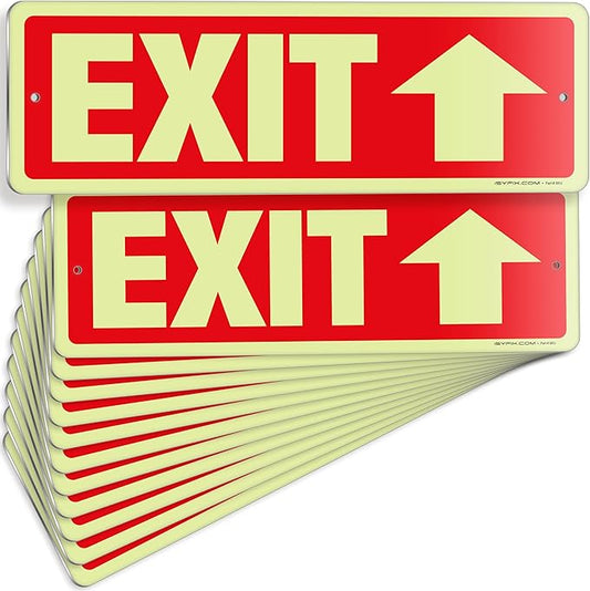 iSYFIX Exit Signs with Directional Up Arrow, Glow in the Dark, Photoluminescent Aluminum 12x4 Inch - 12 Pack, Laminated for UV & Weather Resistance, Ideal for Offices, Schools, Theaters & More