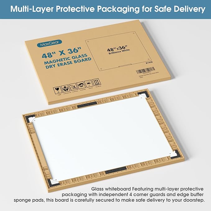 MaxGear Glass Whiteboard Tempered Magnetic Dry Erase Board 48 x 36 Inch Ultra White, Frameless Wall Mounted, Office Classroom Conference Room Home Use, Includes Markers, Eraser, Magnets & Mounting Kit