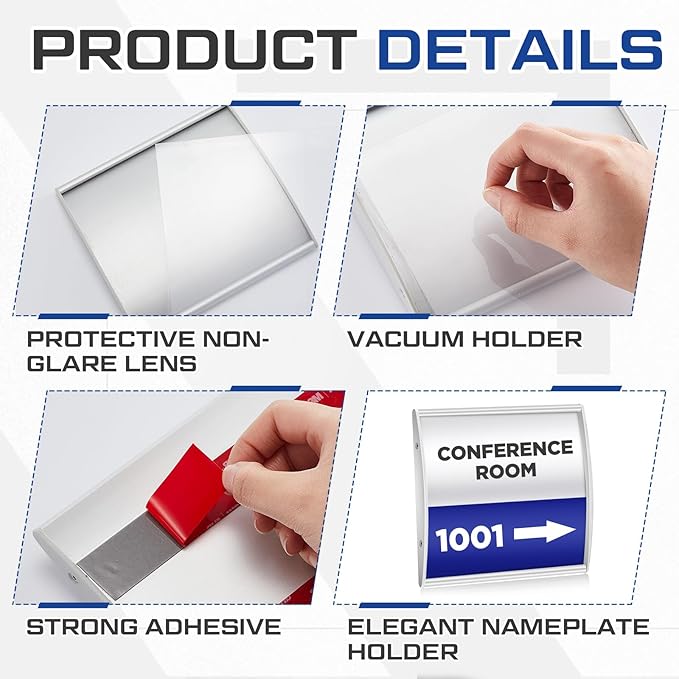 Yaocom Set of 5 Curved Name Plate Holder for Doors 5.625" x 6" Wall Mount Office Business Door Sign Holder Aluminum Sign Frame with Adhesive Tape Plastic Film for Office Business Display, Silver