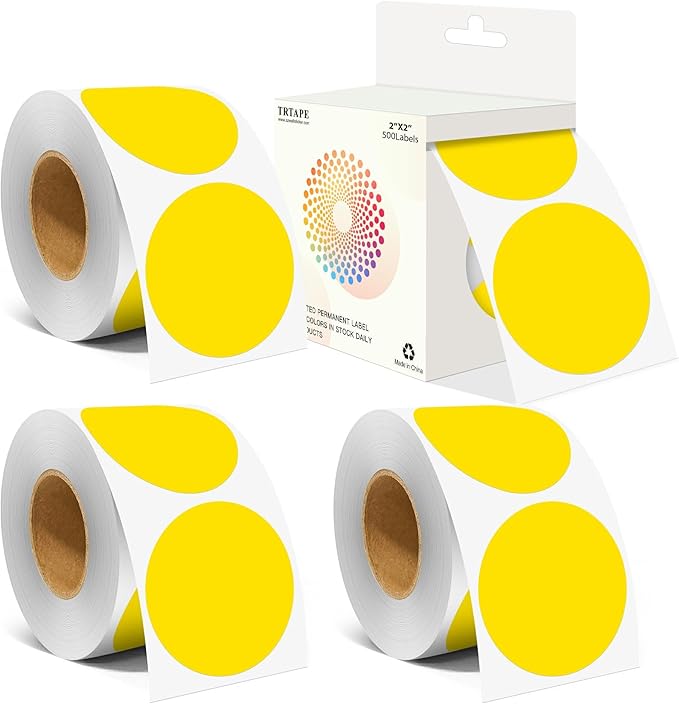 2 Inch Color Coding Round Labels (2000Pcs, 4 Rolls) - Round Colored Dot Stickers for Inventory, Pantry, Warehouse Organization - Yellow Circle Dot Labels
