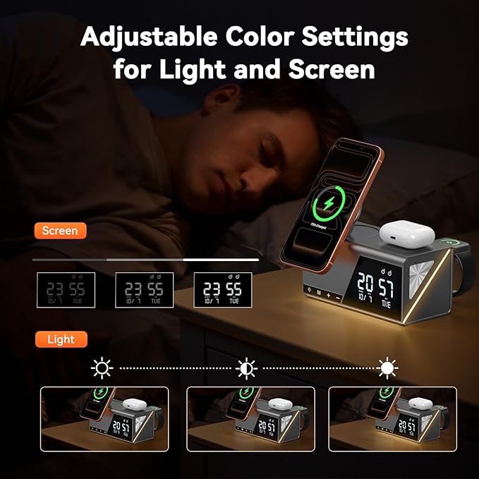 TobenONE 6-in-1 Alarm Clock Wireless Charging Station for Apple Devices, Night Light, Nightstand, MagSafe Magnetic Phone Charger, Fast Charging for iPhone 17 16 15 14 13 Pro Max, Apple Watch, AirPods