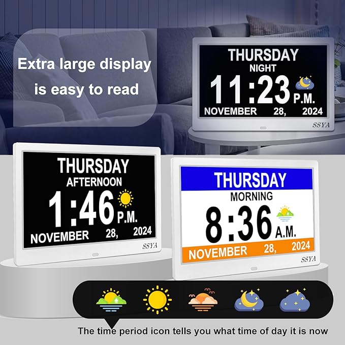 SSYA Dementia Clock for Seniors, Digital Clock with Date and Day of Week, Auto DST, Non-Abbreviated Large Calendar Alarm Clocks (White)