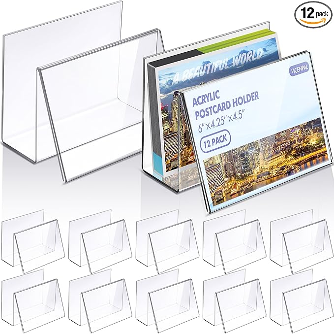 Vicenpal 12 Pcs Clear Acrylic Postcard Holder Business Card Holder Greeting Card Display Clear Business Card Stand Rack for Index Card Organizer Desk Table Home Office School, 6 x 4.25 x 4.5 Inch