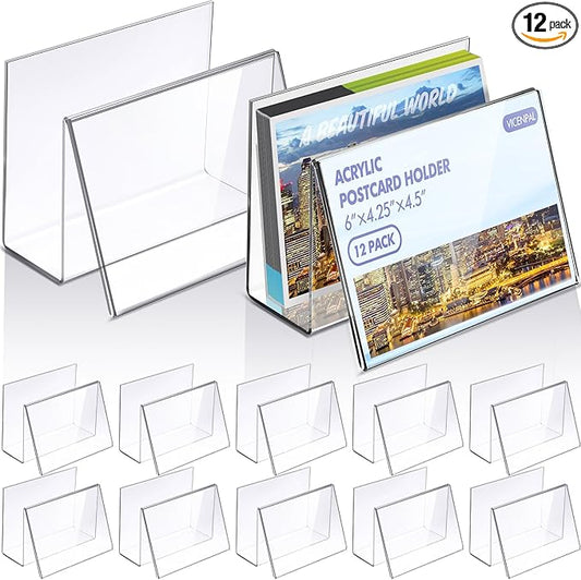 Vicenpal 12 Pcs Clear Acrylic Postcard Holder Business Card Holder Greeting Card Display Clear Business Card Stand Rack for Index Card Organizer Desk Table Home Office School, 6 x 4.25 x 4.5 Inch