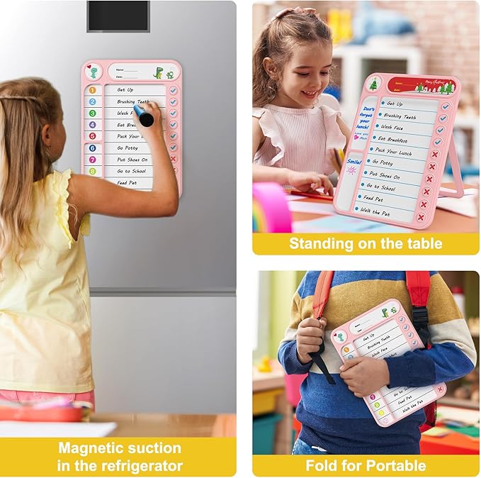 2-Pack Magnetic Chore Chart for Kids, ADHD Task Tracker Easy-Check Routine Dry Erase Board, to-Do List Planning Tool with Stand for Fridge/Desk/Home/School, 6 Reusable Sheets, 4 Markers Pink