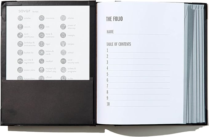 Savor | The Folio™ Document Organizer 2025 Edition | Premium Life Binder Acid-Free Custom Dyed Cloth-Bound Accordion Organizer w/ 10 Expandable Pockets | File Folders for Home Organization (Black)