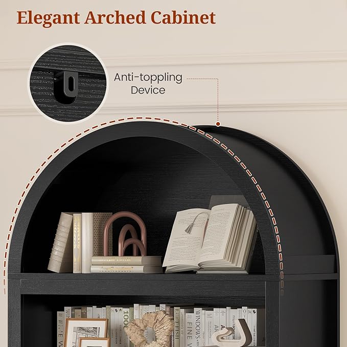 81" Tall Arched Cabinets,Bookcase with Drawer storage,Mid-Century Modern 5-Tier Bookshelf,2 Book Risers and Adjustable Shelves offering more storage space for Living Room,Kitchen,Home Office,Black