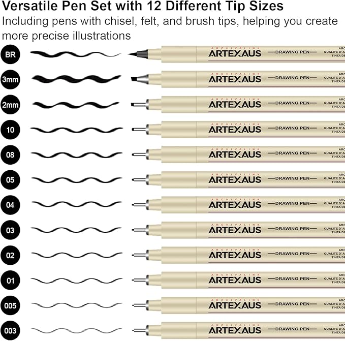Micro Fineliner Drawing Art Pens, 12 Assorted Sizes, Waterproof Archival Ink, Art Supplies for Adults Sketching, Calligraphy, Technical Illustrators.