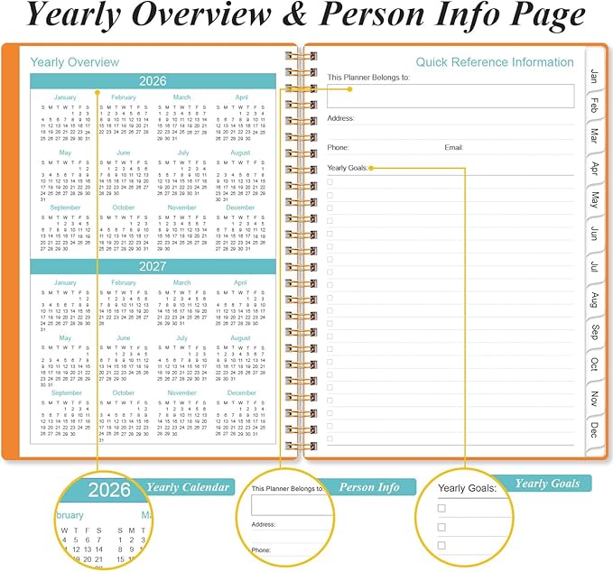 2026 Planner - Planner 2026 from January 2026 - December 2026, Weekly & Monthly Planner Spiral Bound with 12 Monthly Tabs, Inner Pocket, 6.4" x 8.5", Orange-A