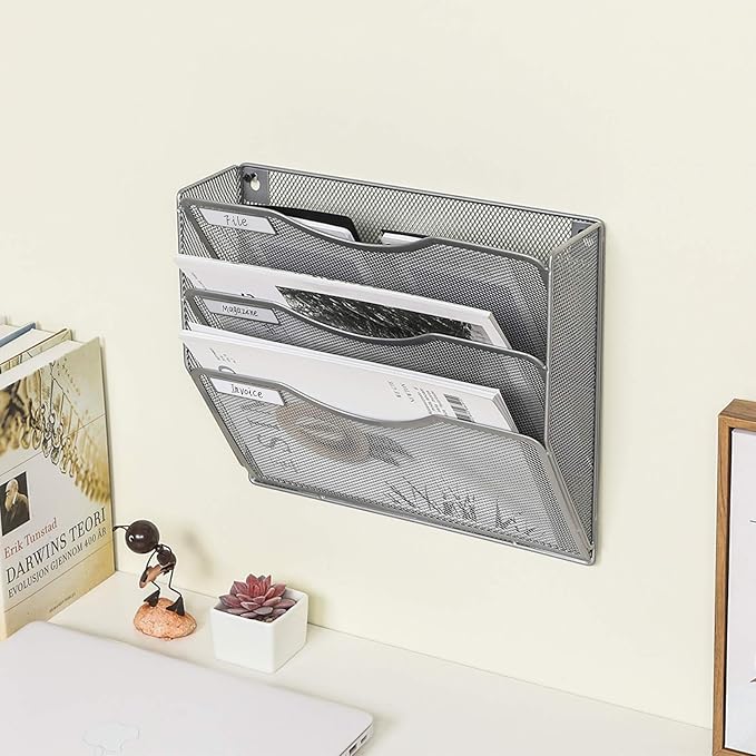EasyPAG 3 Pocket Mesh Wall File Organizer, Hanging Paper Folder Holder with Classify Label, Vertical Wall Mount Mail Organizer for Office Home Classroom, Silver