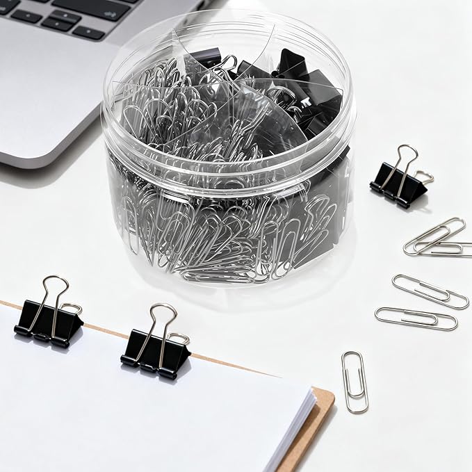 370 PCS Paper Clips and Binder Clips Set – Assorted Sizes Metal Clips (28-50mm Paper Clip + 15-25mm Binder Clip), Office Supplies for Home School