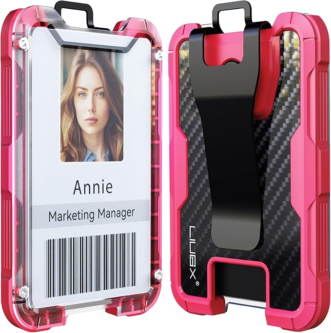 LIUGX Carbon Fiber Badge Holder, ID Card Holder with Metal Clip - Heavy Duty Portable Wallet (Holds 1to 4 Cards),for Office Police Worker Outdoor,Hot Pink