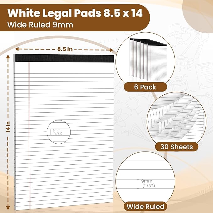 Legal Pads 8.5 x 14 Note Pads, 6 Pack Writing Pads Wide Ruled Notepads, Micro Perforated Notepad, Double-Side Printed Lined Paper Pads 30 Sheets per Notepad, White Legal Pads for Home, Office, School
