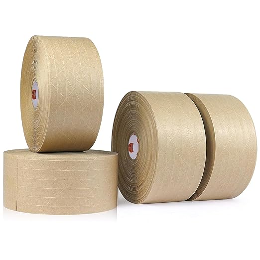 TAPEBEAR 1.5" Core Water Activated Tape, Fiber Reinforced Gummed Tape 2.75inch x 377ft, Eco-Friendly Kraft Paper Tape Biodegradable Brown Packing Tape for Security Sealing, Packaging, Shipping, 4Rolls