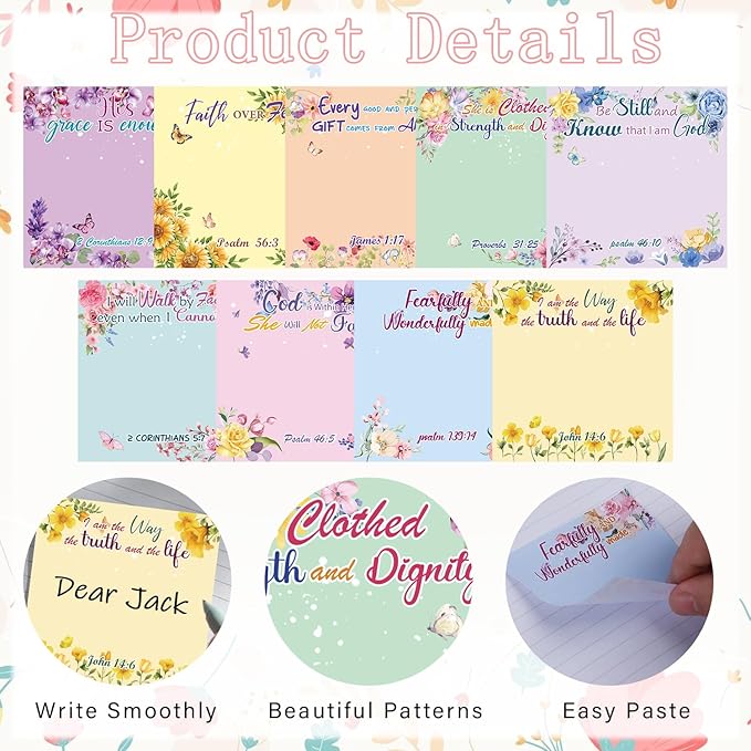 Lovarywow Bible Sticky Notes Gifts - 9 Pack Inspirational Sticky Notes 3x3 Religious Bible Verse Quotes Gifts for Christian Women Biblical Post Notepads School Office Supplies 450 Sheets