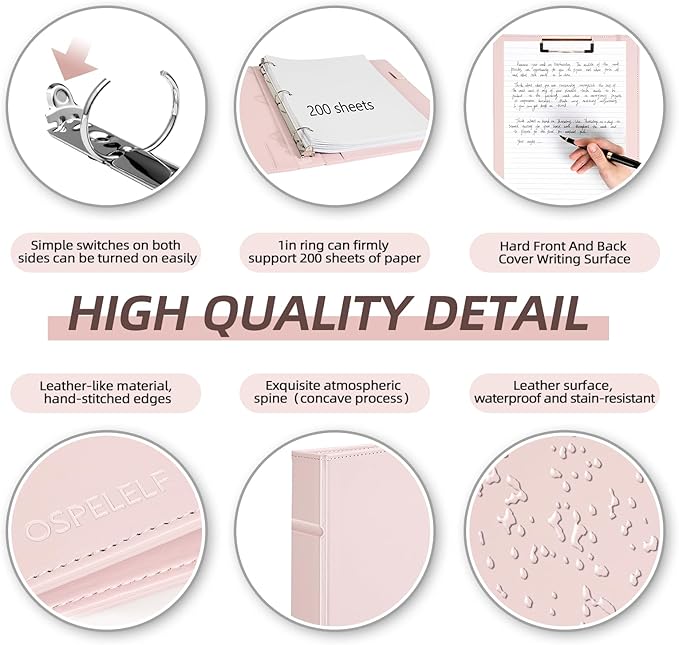 Ospelelf 3 Ring Binder with Clipboard 1 Inch Leather Binder for Letter Size (8.5" x 11"), Clipboard Binder with 5 Tab Dividers for School, Office, Pink