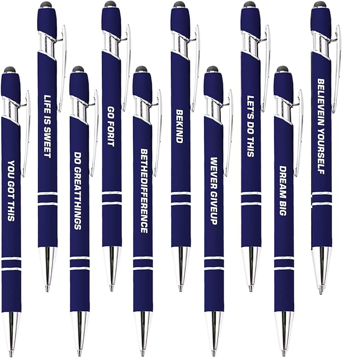 CRME 10pcs Inspirational Blue Pens Ballpoint Set Multi Tool Pens with Stylus Tips Compatible with Any Touchscreen Device Funny Desk Decor Encouragement Gifts for Birthday Party