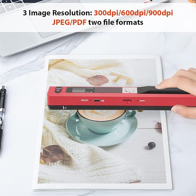 Marhynchus Portable Scanner Handheld Document Scanner with 300DPI 600DPI 900DPI Resolution Modes USB Connection for Business Home Office Use (Red)