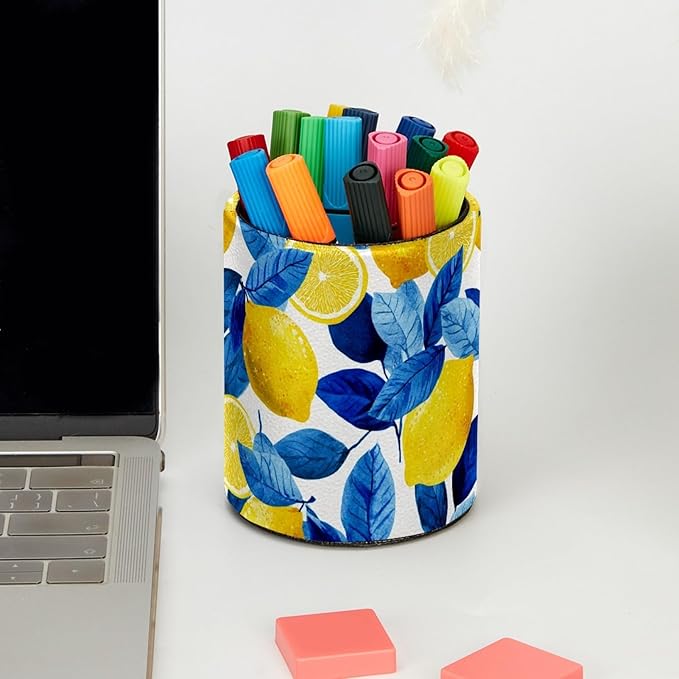 Leather Pen Holder for Desk Lemons Blue Leaves Pattern Pencil Cup Desktop Organizer Makeup Brush Holders Office Supplies for Home, Kids & School