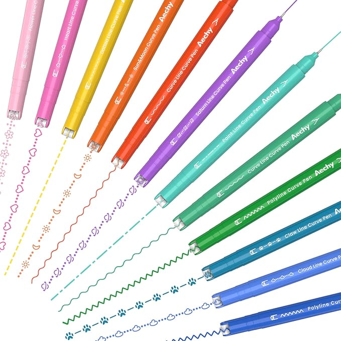 AECHY 12Pcs Dual Tip Markers Pens for Note Taking, Curve Highlighter with 10 Different Curv Shapes & 12 Colors Fine Lines, Colored Curve Pen for Students,Planners,Teachers, Scrapbook Supplies