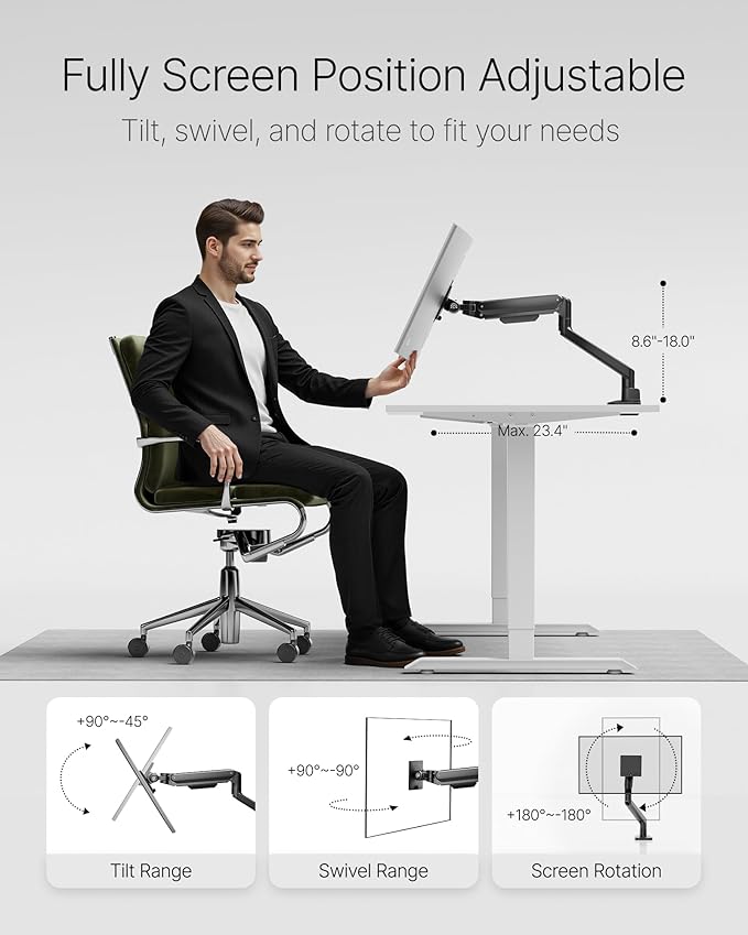 monTEK Deluxe Monitor Arm up to 40 Inch Holds 26.4 lbs Curved Screens Aluminum Fully Motion Adjustable Single Monitor Stand with Clamp/Grommet Desk Mount, Quick Release Plate,75/100mm VESA, MA1008BK