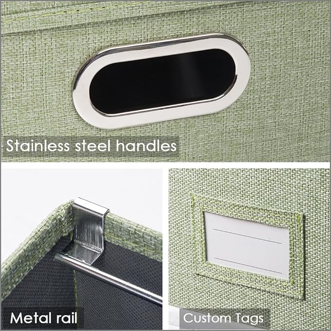 PRANDOM File Organizer Box - Set of 1 Collapsible Decorative Linen Filing Storage Hanging File Folders with Lids Office Cabinet Letter/Legal Green (17x14x11.2 inch)