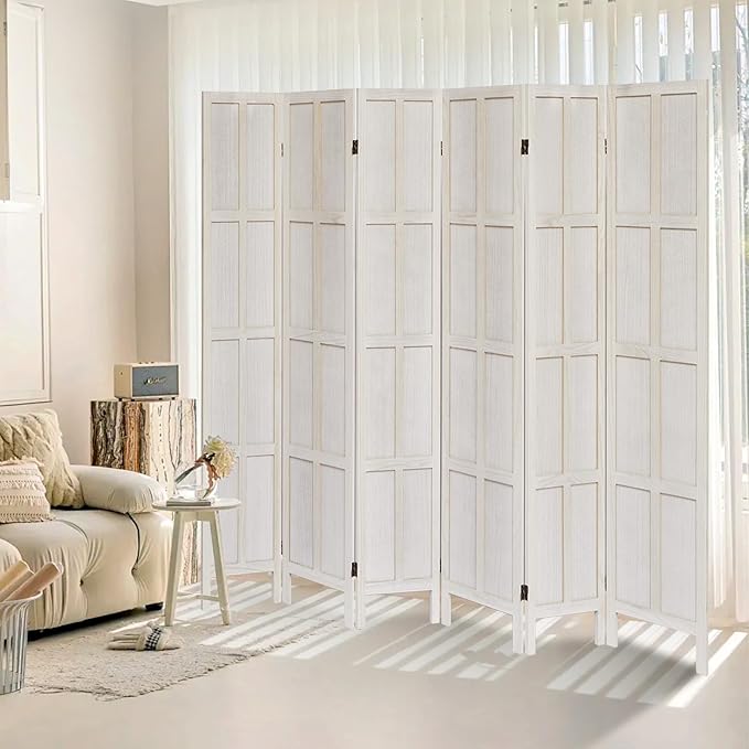 ALeesing 6 Panel Room Divider, 5.6Ft Wood Room Dividers and Folding Privacy Screens, Room Divider Wall Freestanding Room Partitions, Room Dividers Screen for Home Office Bedroom, White