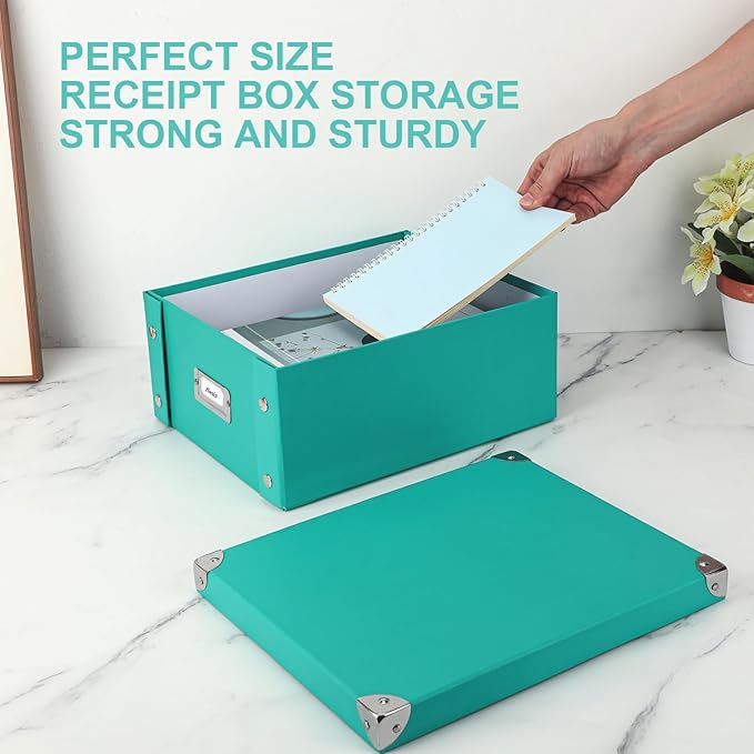 2 Pcs Checks Storage Box with Lid Document Boxes Banker Boxes Lake Green Document Bin Snap Close Receipt Box Storage Foldable Cardboard Record Boxes For Files Orangize Books Files Envelope 12"x10"x5"