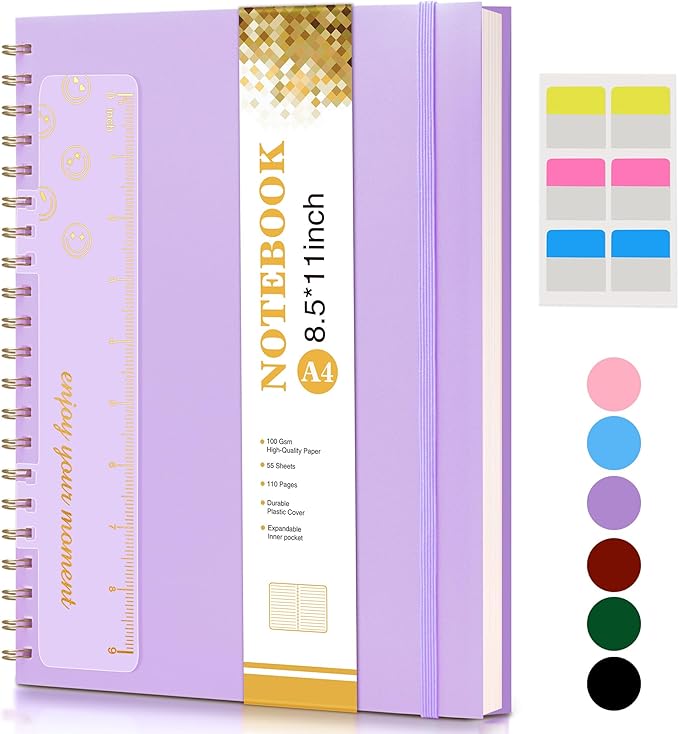 Spiral Notebook Journal 8.5” x 11”, A4 Large Notebooks for Women Men, College Ruled Lined Journal, 100 GSM Paper, Hardcover Spiral Bound Journals for Work School Writing Note Taking Business, Purple