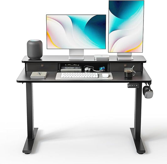 FEZIBO 48 x 24 Inch Height Adjustable Electric Standing Desk with Double Drawer, Stand up Home Office Computer Desk with 4 Height-Adjustable Feets & 2 Hooks,Black