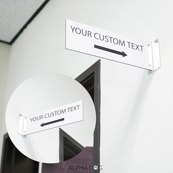 ALPHA DOG SIGNS Custom Projecting Hallway Sign, 4"x12" Double-Sided Business Plaque Left Arrow, Personalized Indoor Outdoor Wayfinding, Easy Install, Durable, Made in USA (White)