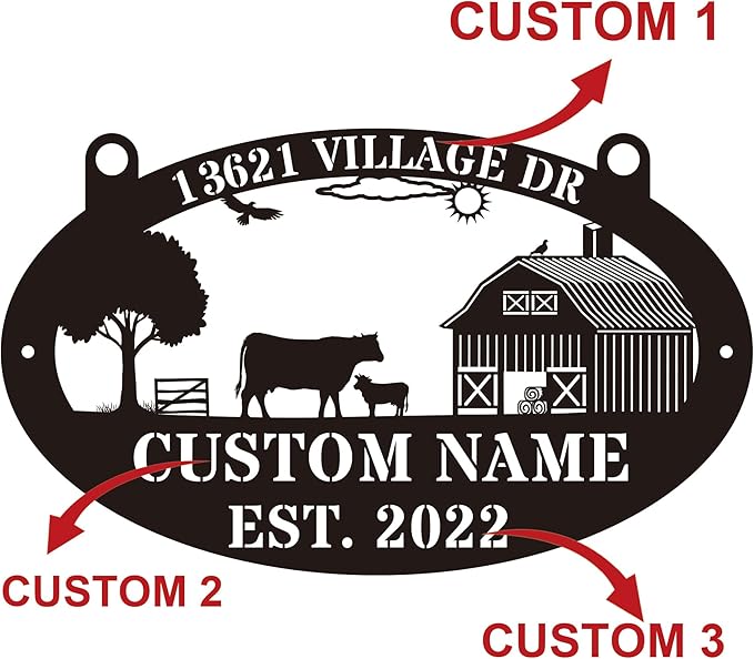 Custom Farmhouse Metal Sign | Personalized Last Name & Established Date Farm Scene Wall Art | Metal Farm Wall Art & Garden Decor | Unique Farmer Gift, Housewarming, or Ranch Decoration