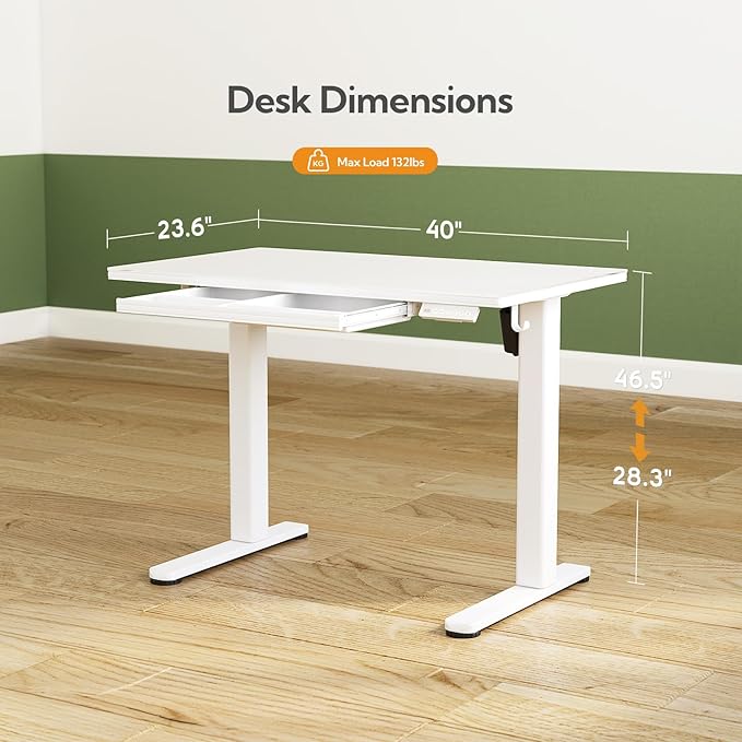 INNOVAR Glass Standing Desk with Drawers, 40 x 24 Inches Electric Height Adjustable Desk, Tempered Glass Top Stand Up Desks for Home and Office, White