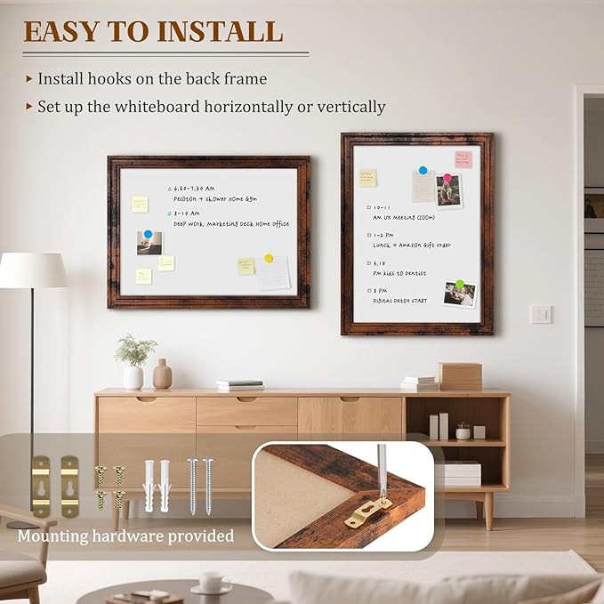 White Board for Wall, 24'' x 18'' Magnetic Dry Erase Board, Decorative Whiteboard, Brown Vintage Wooden Frame