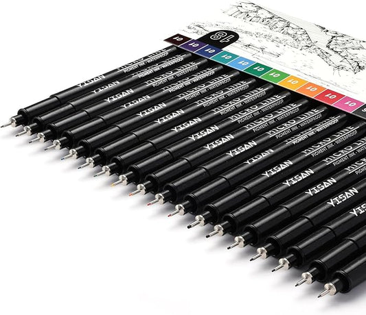 YISAN 18-Pack Colored Drawing Pens for Artists,Fineliner Pens,Micro-line Pens,11 Waterproof Archival Ink Colors Felt Tip & 7 Black,70344