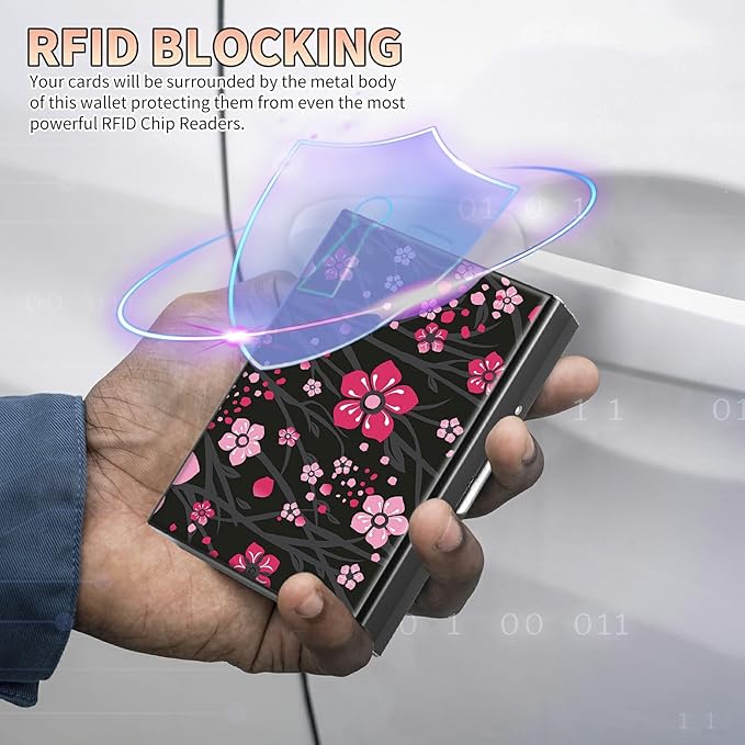 BWEGRHE Slim Credit Card Holder, Pink Cherry Blossom RFID Blocking Metal Wallet for Men & Women, Aluminum Minimalist Hard Case Pocket-Sized Business Cards Organizer (Fits Up to 10 Cards)
