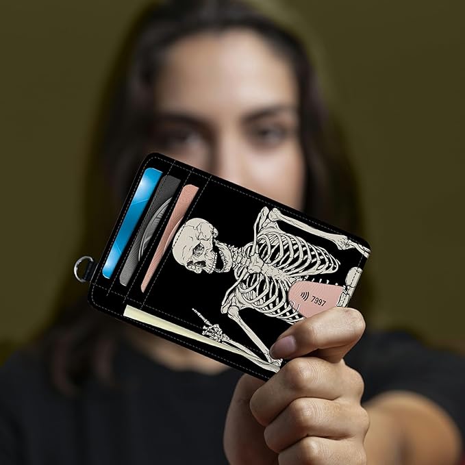 BWEGRHE Small Travel Wallets, Skull Skeleton Slim Minimalist Front Pocket Wallet with Wristlet, RFID Blocking PU Leather Credit Card Holder with ID Window Change Purse for Men Women