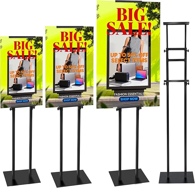 Noliven 4 PCS Adjustable Poster Stand, 43"-83" Adjustable Metal Sign Holder for Display, Double-Sided Freestanding Pedestal Sign Stand, for Restaurants, Parties, Cinemas and Outdoor, Black