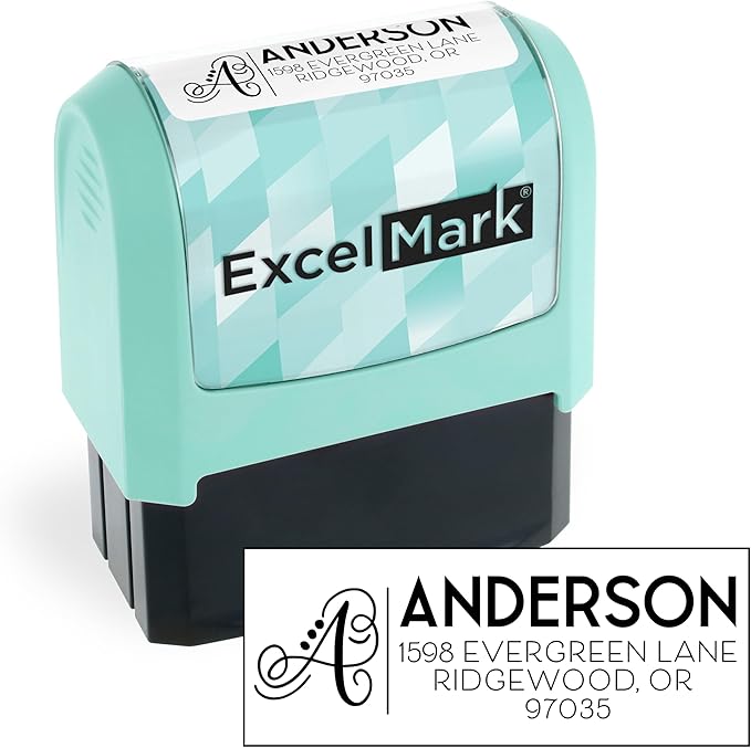 ExcelMark Address Stamp - Custom Return Address Stamp with Elegant Designs, Vibrant Colors & Patterns – Perfect for Mail, Invitations & Gifts (Seafoam Mount, Script Swirl)