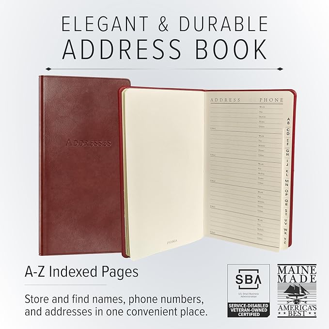 Gallery Leather Small Address Book with Alphabetical Tabs up to 403 Records, Leather Notebook Hardcover, Telephone and Address Books - 6x3.25", Pocket Address, Acadia Burgundy