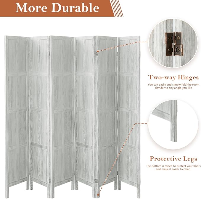 Leesinwing Wood Room Divider 6 Panel Folding Privacy Screen, Classic 5.6Ft Indoor Wooden Partition, Portable Partition Wall Divider for Room Separation, Home, Office, Bedroom, Restaurant (White)