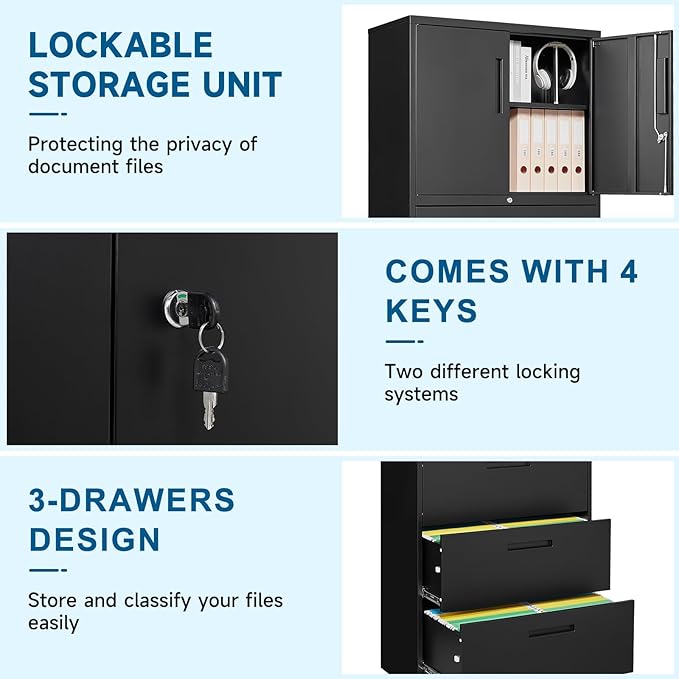PEUKC 3-Drawer Metal File Cabinet, Lateral Vertical Filing Cabinets for Home Office, Locking File Cabinets with Storage Shelves, Legal/Letter/A4 Size Office File Cabinet (Black, Assemble Required)