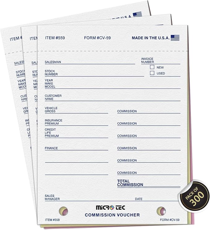 Commission Voucher Book CV-59-3 Part Carbonless Forms, Triplicate NCR Receipt Book, Snap-Out Pre-Punched with File Holes Commission Vouchers, Blue Ink, 4.25 x 5.625 Inch - Pack of 300