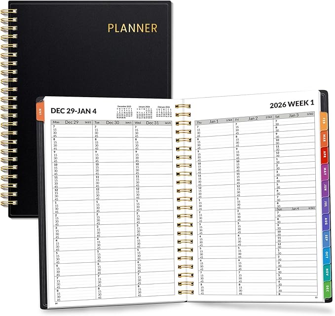 SUNEE 2026 Appointment Book, Quarter-Hourly, Weekly & Monthly - from January 2026 - December 2026, 6.4"x8.3" Weekly Planner, Flexible Cover, Note Pages, Pockets, Bookmark, Spiral Binding, Black