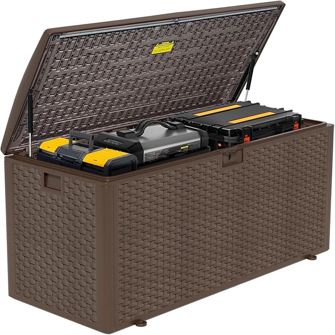 Decksplore 180 Gallon Pro Outdoor Storage Box Waterproof Lockable Resin Deck Box Large, Patio Storage Bin for Pool Accessories Cushion Furniture, Garden Tools, UV-Resistant Outside Delivery Brown