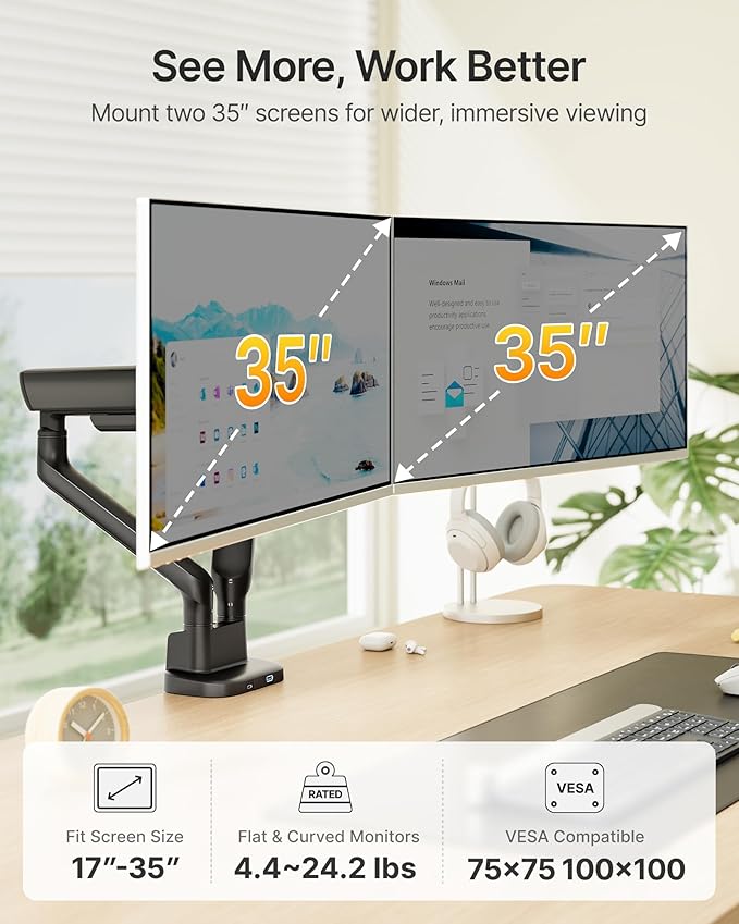 monTEK Dual Monitor Arm with USB, Mechanical Spring Monitor Arm for 17-35" Screens, Adjustable Monitor Desk Mount Each Holds up to 24.2 lbs with C Clamp/Grommet Desk Mount, VESA 75/100mm, MA1011UCBK-D
