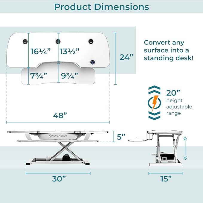 VERSADESK® PowerPro™ 48 Inch Extra Wide Standing Desk Converter, PowerPro™ Electric Height Adjustable Sit to Stand Desk Riser with Keyboard Tray, Build-in USB Charging Outlet, Hold 80 lbs, (48", White)